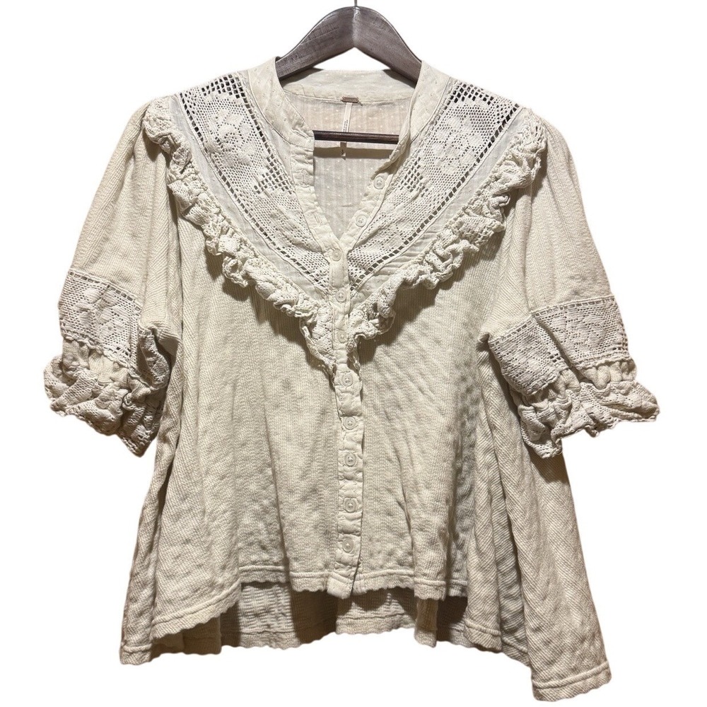 Lightweight Cream Lace-Trim Button Front Women's Top